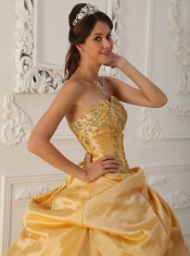 Gold A-Line / Princess Sweetheart Floor-length Taffeta and Tulle Beading Quinceanera Dress