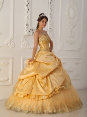 Gold A-Line / Princess Sweetheart Floor-length Taffeta and Tulle Beading Quinceanera Dress