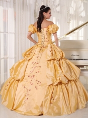 Gold Ball Gown Off The Shoulder Floor-length Taffeta Embroidery Quinceanera Dress