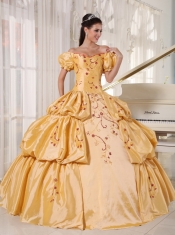 Gold Ball Gown Off The Shoulder Floor-length Taffeta Embroidery Quinceanera Dress