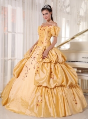 Gold Ball Gown Off The Shoulder Floor-length Taffeta Embroidery Quinceanera Dress