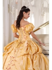 Gold Ball Gown Off The Shoulder Floor-length Taffeta Embroidery Quinceanera Dress