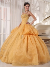 Gold Ball Gown Spaghetti  Straps Floor-length Taffeta and Organza Appliques Quinceanera Dress