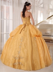 Gold Ball Gown Spaghetti  Straps Floor-length Taffeta and Organza Appliques Quinceanera Dress