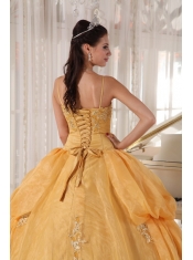 Gold Ball Gown Spaghetti  Straps Floor-length Taffeta and Organza Appliques Quinceanera Dress