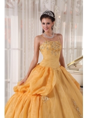 Gold Ball Gown Spaghetti  Straps Floor-length Taffeta and Organza Appliques Quinceanera Dress