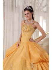 Gold Ball Gown Spaghetti  Straps Floor-length Taffeta and Organza Appliques Quinceanera Dress