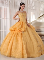 Gold Ball Gown Spaghetti  Straps Floor-length Taffeta and Organza Appliques Quinceanera Dress