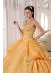 Gold Ball Gown Spaghetti  Straps Floor-length Taffeta and Organza Appliques Quinceanera Dress