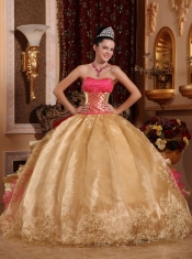 Gold Ball Gown Strapless Floor-length Organza Embroidery Quinceanera Dress