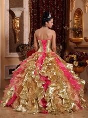 Gold Ball Gown Strapless Floor-length Organza Embroidery Quinceanera Dress