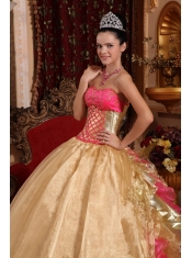 Gold Ball Gown Strapless Floor-length Organza Embroidery Quinceanera Dress