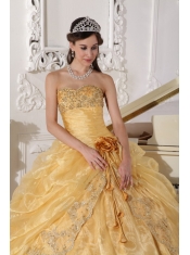 Gold Ball Gown Strapless Floor-length Organza Embroidery with Beading Quinceanera Dress