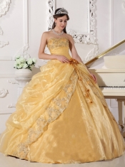 Gold Ball Gown Strapless Floor-length Organza Embroidery with Beading Quinceanera Dress