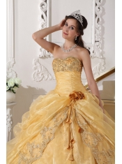 Gold Ball Gown Strapless Floor-length Organza Embroidery with Beading Quinceanera Dress