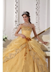 Gold Ball Gown Strapless Floor-length Organza Embroidery with Beading Quinceanera Dress