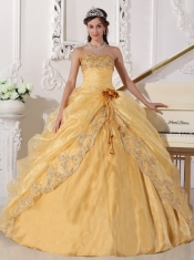 Gold Ball Gown Strapless Floor-length Organza Embroidery with Beading Quinceanera Dress