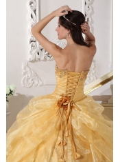 Gold Ball Gown Strapless Floor-length Organza Embroidery with Beading Quinceanera Dress