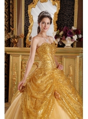 Gold Ball Gown Sweetheart Floor-length Sequined and Tulle Handle Flowers Quinceanera Dress