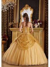 Gold Ball Gown Sweetheart Floor-length Sequined and Tulle Handle Flowers Quinceanera Dress