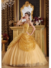 Gold Ball Gown Sweetheart Floor-length Sequined and Tulle Handle Flowers Quinceanera Dress