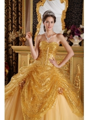 Gold Ball Gown Sweetheart Floor-length Sequined and Tulle Handle Flowers Quinceanera Dress