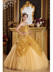 Gold Ball Gown Sweetheart Floor-length Sequined and Tulle Handle Flowers Quinceanera Dress