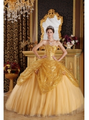 Gold Ball Gown Sweetheart Floor-length Sequined and Tulle Handle Flowers Quinceanera Dress