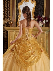 Gold Ball Gown Sweetheart Floor-length Sequined and Tulle Handle Flowers Quinceanera Dress