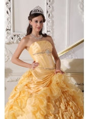 Gold Taffeta Beading Strapless Ball Gown with Chapel Train Quinceanera Dress