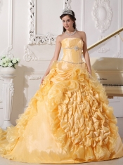 Gold Taffeta Beading Strapless Ball Gown with Chapel Train Quinceanera Dress