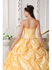 Gold Taffeta Beading Strapless Ball Gown with Chapel Train Quinceanera Dress