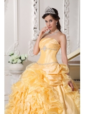 Gold Taffeta Beading Strapless Ball Gown with Chapel Train Quinceanera Dress