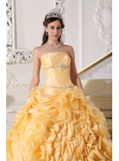 Gold Taffeta Beading Strapless Ball Gown with Chapel Train Quinceanera Dress