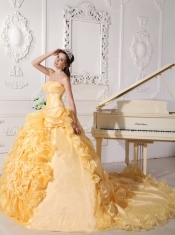 Gold Taffeta Beading Strapless Ball Gown with Chapel Train Quinceanera Dress