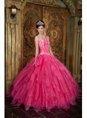 Gorgeous Ball Gown Strapless Floor-length Appliques Organza Hot Pink Quinceanera Dress