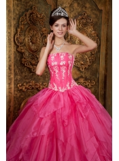 Gorgeous Ball Gown Strapless Floor-length Appliques Organza Hot Pink Quinceanera Dress