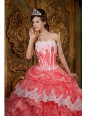 Gorgeous Ball Gown Strapless Floor-length Ruffles Organza Waltermelon Quinceanera Dress