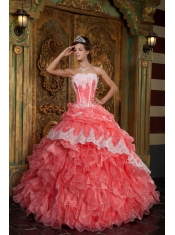 Gorgeous Ball Gown Strapless Floor-length Ruffles Organza Waltermelon Quinceanera Dress