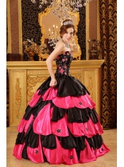 Gorgeous Ball Gown Strapless Floor-length Taffeta Beading Black And Red Quinceanera Dress
