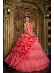 Gorgeous Ball Gown Sweetheart Floor-length Taffeta and Tulle Lace Appliques Watermelon Quinceanera Dress