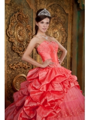 Gorgeous Ball Gown Sweetheart Floor-length Taffeta and Tulle Lace Appliques Watermelon Quinceanera Dress
