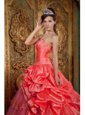 Gorgeous Ball Gown Sweetheart Floor-length Taffeta and Tulle Lace Appliques Watermelon Quinceanera Dress