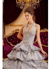 Gray Ball Gown Halter Floor-length Taffeta Appliques Quinceanera Dress