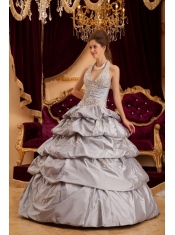 Gray Ball Gown Halter Floor-length Taffeta Appliques Quinceanera Dress