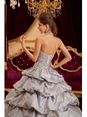 Gray Ball Gown Halter Floor-length Taffeta Appliques Quinceanera Dress