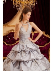 Gray Ball Gown Halter Floor-length Taffeta Appliques Quinceanera Dress