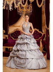 Gray Ball Gown Halter Floor-length Taffeta Appliques Quinceanera Dress