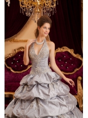 Gray Ball Gown Halter Floor-length Taffeta Appliques Quinceanera Dress