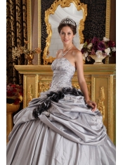 Gray Ball Gown Strapless Taffeta Appliques Quinceanera Dress
